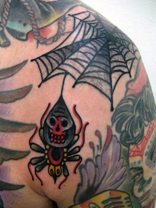Spider Hanging From Web Mens Traditional Shoulder Tattoos