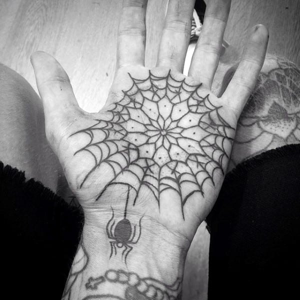 Spider Hanging On Web Tattoo Male Palm