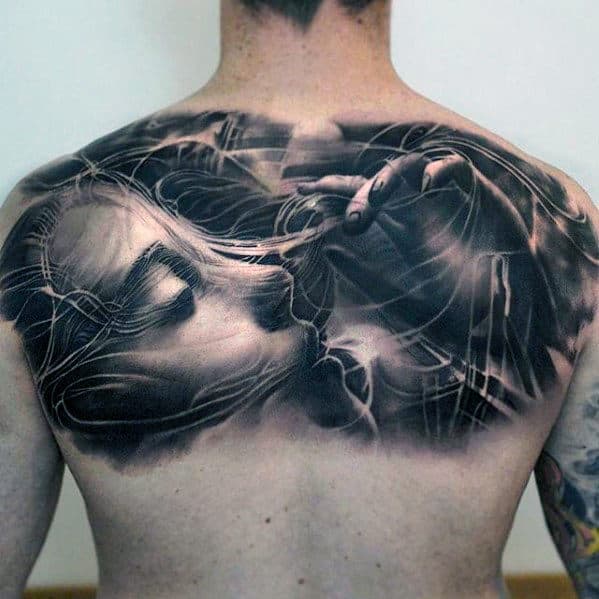 Spider Web With Female Portrait Guys Cool Upper Back Tattoos