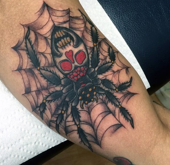 Spider Web With Skull Guys Traditional Arm Bicep Tattoo