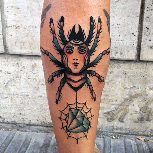 Spider With Diamond In Web Mens Traditional Leg Tattoo