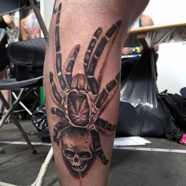 Spider With Skull Head Tattoo On Legs For Men
