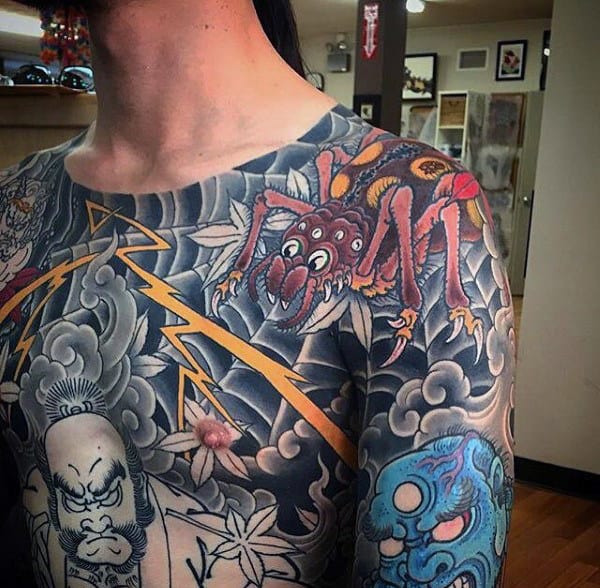 Spider With Web Mens Modern Chest Tattoos