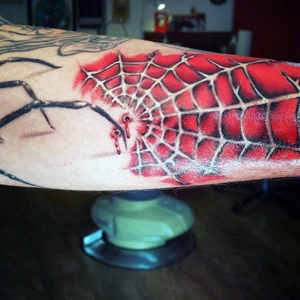 Spiderman Guys Spider Web Tattoo On Inner Forearm