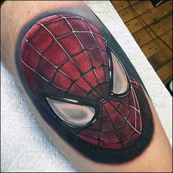 Spiderman Mask Tattoo On Male Forearms