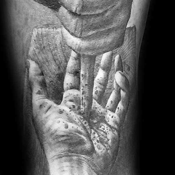 Spike Through Hand Guys 3d Realistic Catholic Arm Tattoo