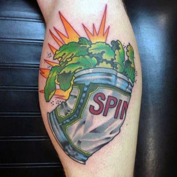 Spinach Can Exploding Mens Popeye Leg Calf Tattoos