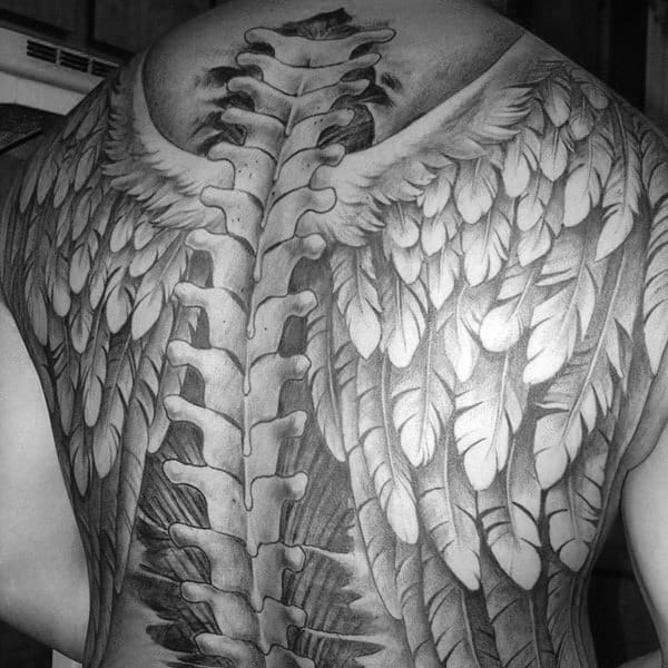 Spinal Cord With Angle Wings Mens Full Back Tattoo