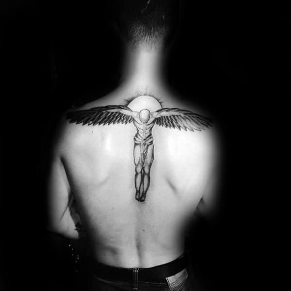 Spine And Upper Back Male Icarus Tattoo