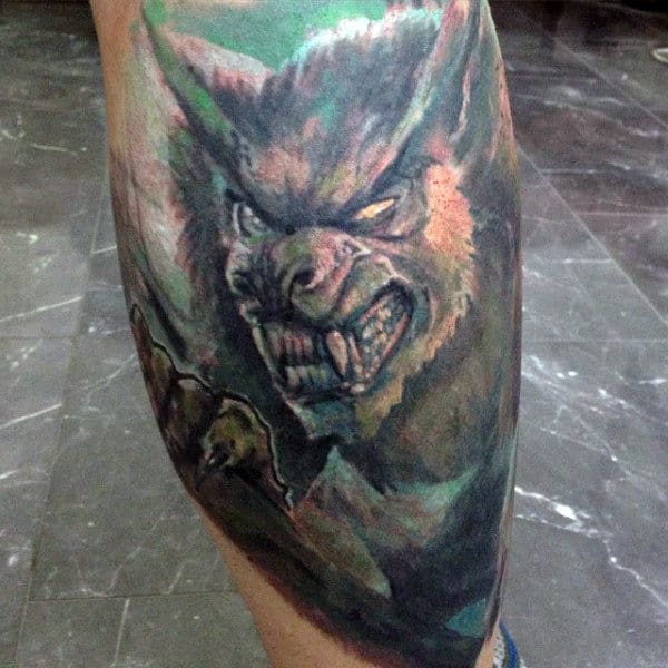 Spine Chilling Tattoo Of Were Wolf Guys Lower Leg