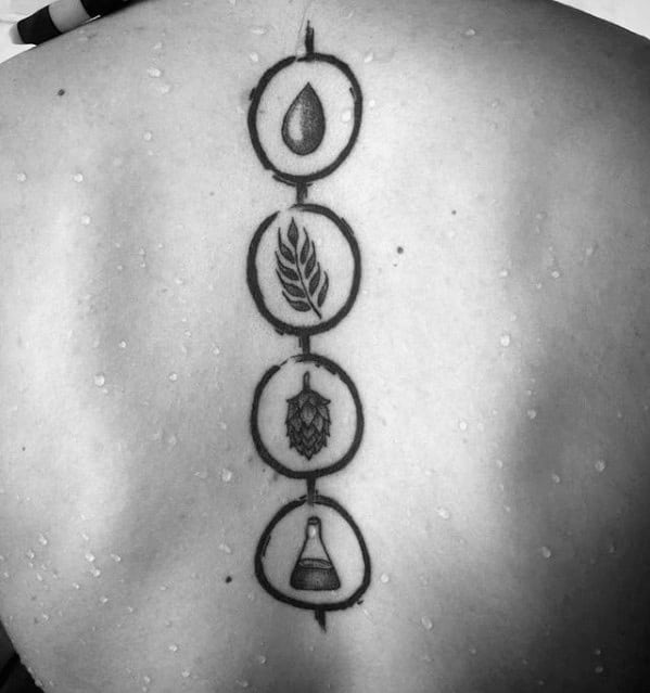 Minimalist spine tattoo featuring four vertically aligned beer-related symbols: a water droplet, barley, hop cone, and fermenter, each inside a circular frame.