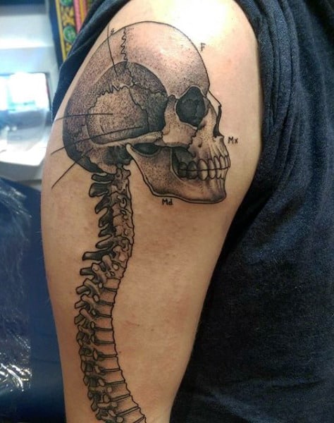 Spine Skull Tattoo Black And Grey Ink On Upper Arm For Men