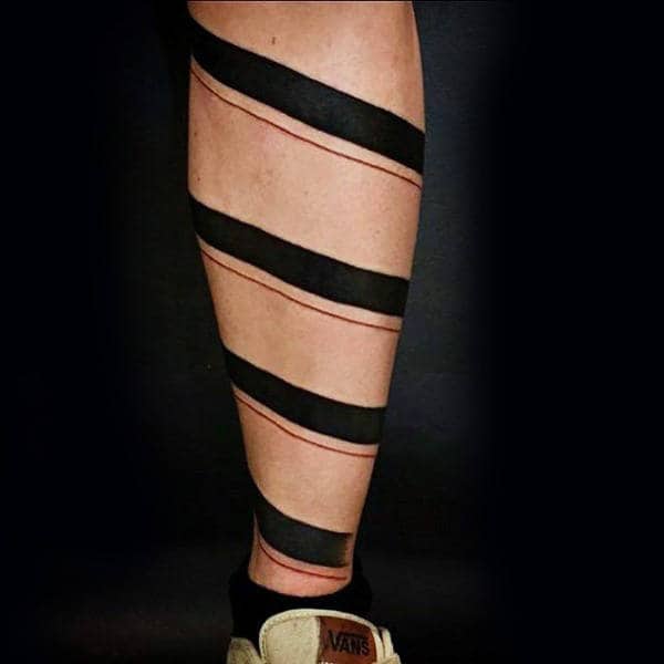 Spiral Black Band With Red Line Mens Leg Tattoo