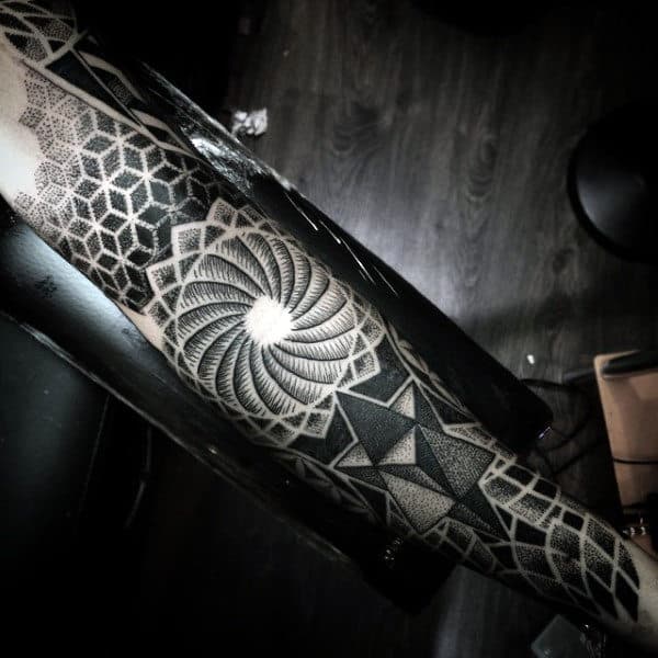 Spiral Geometric Blackwork Mens Full Sleeve Tattoo Inspiration