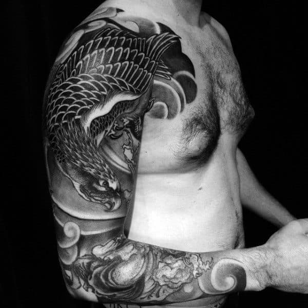 Spiral Hawk Masculine Full Sleeve Tattoo On Man