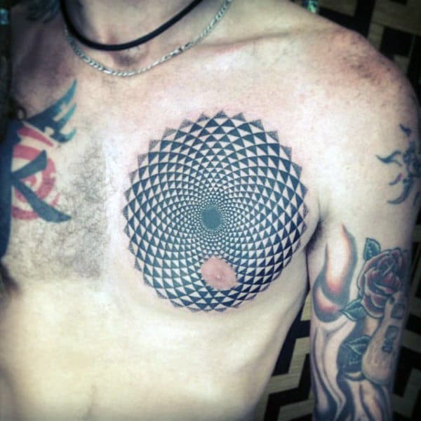 Spiral Optical Illusion Guys Circle Chest Tattoos