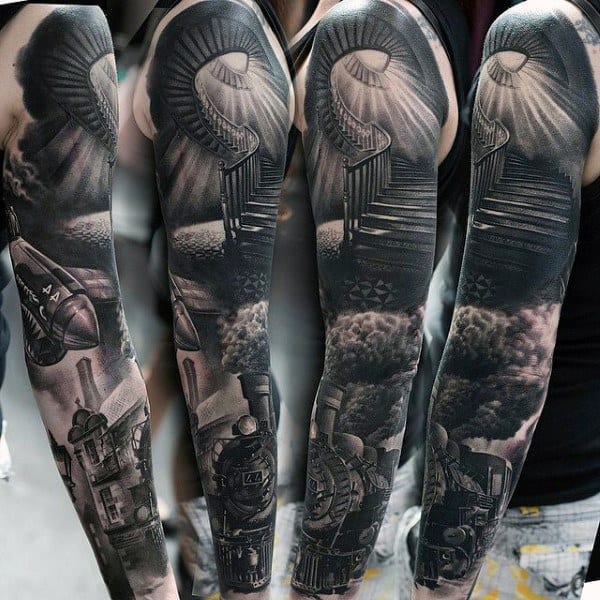 Spiral Staircase With Smoking Train Modern Full Sleeve Tattoos For Gentlemen