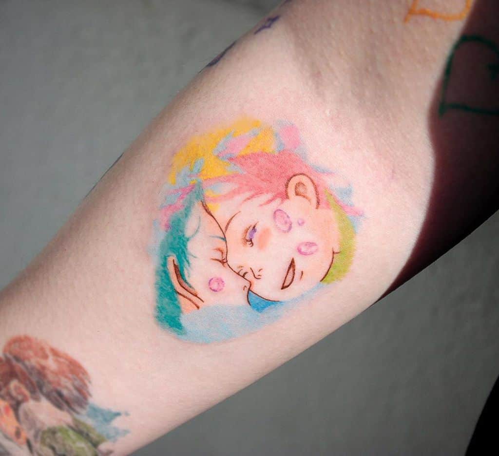Soft watercolor Spirited Away tattoo of Chihiro and Haku in a touching moment, blending pastel tones with delicate linework