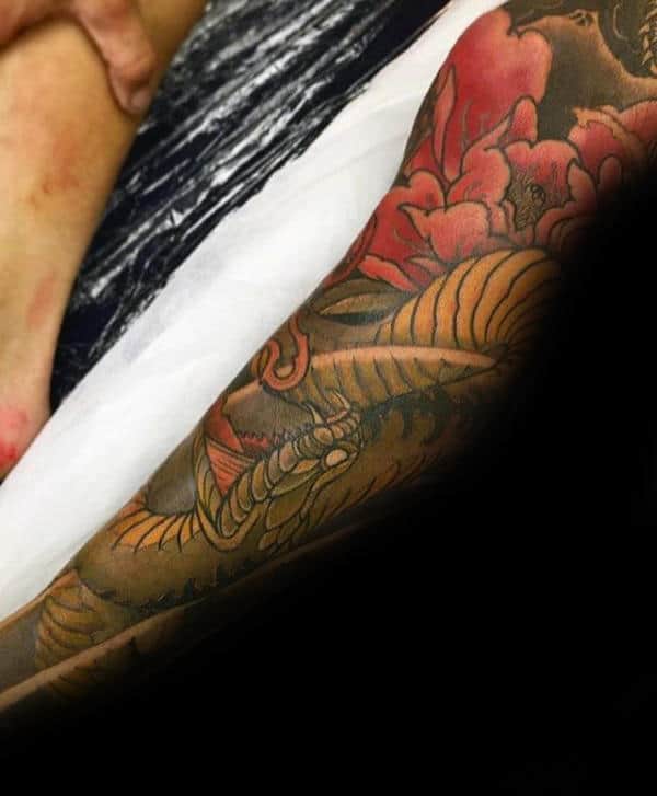 Spitting Cobra Mens Peony Flower Leg Sleeve Tattoo