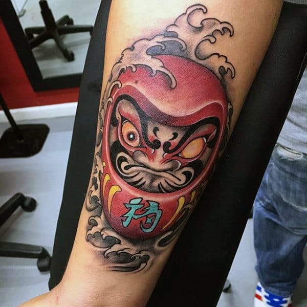 Splashing Waves Daruma Doll Mens Inner Forearm Tattoos