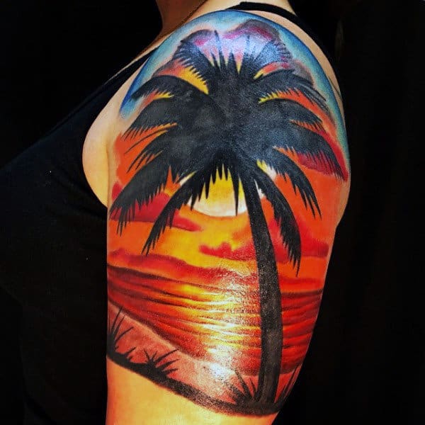 Splendid Sunset With Palm Tree Tattoo On Shoulders