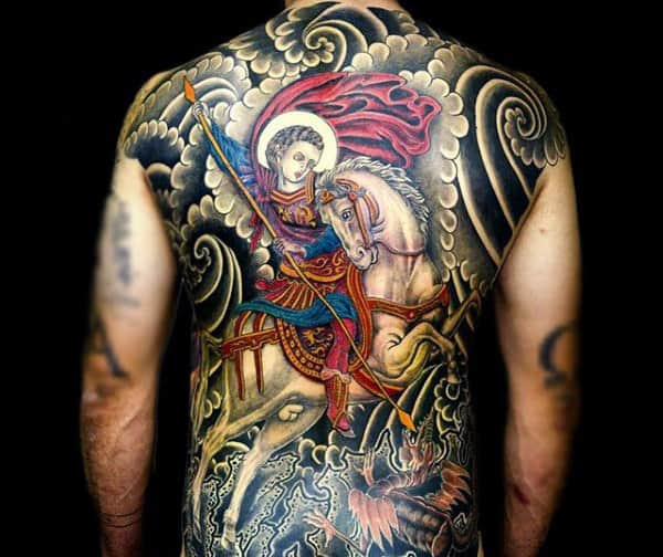 Splendid Tattoo Of White Horse And Angel Mens Full Back