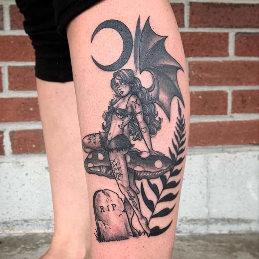 Spooky Black And Gray Bad Fairy Tattoo