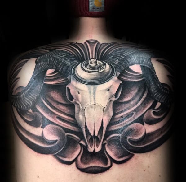 Spray Can Ram Skull Mens Aries Themed Back Tattoo