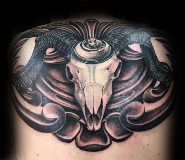 Spray Paint Can Ram Skull Back Tattoo On Gentleman