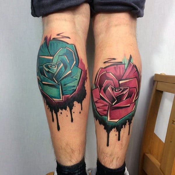 Spray Paint Graffiti Roses Tattoo Watercolor With Dripping Ink On Back Of Leg Calves