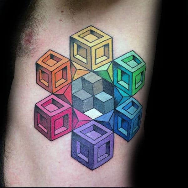 Square Cubes Optical Illusion Mens Rib Cage Side Tattoo