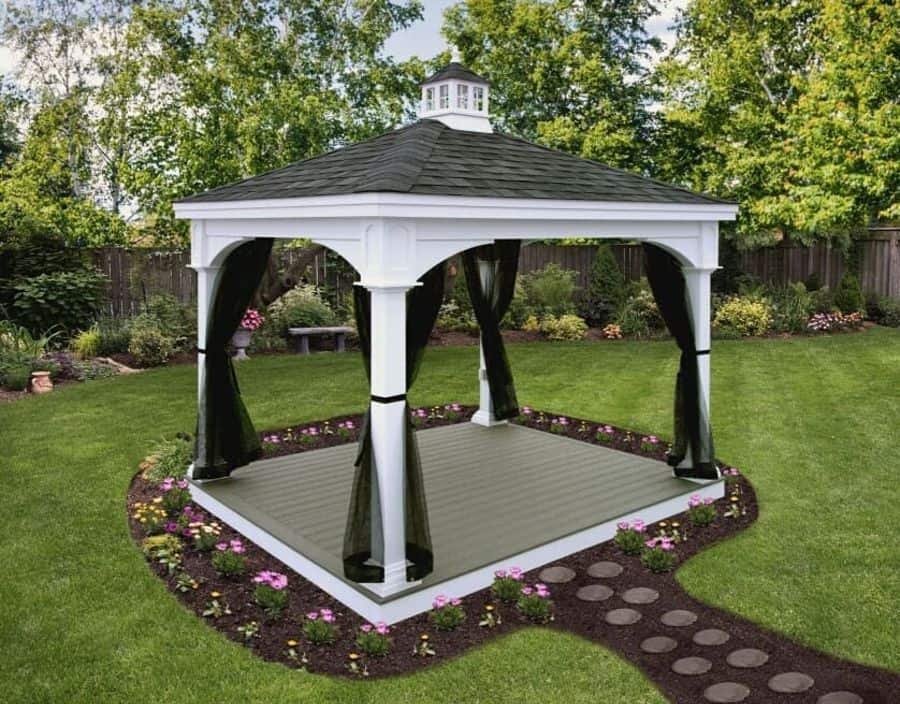 small square white gazebo black roof backyard