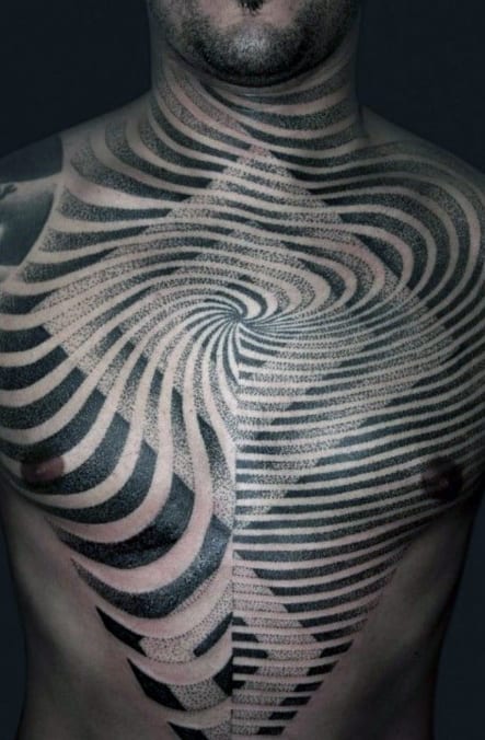 Squares With Spiral Optical Illusion Mens Black Ink Full Chest Tattoos