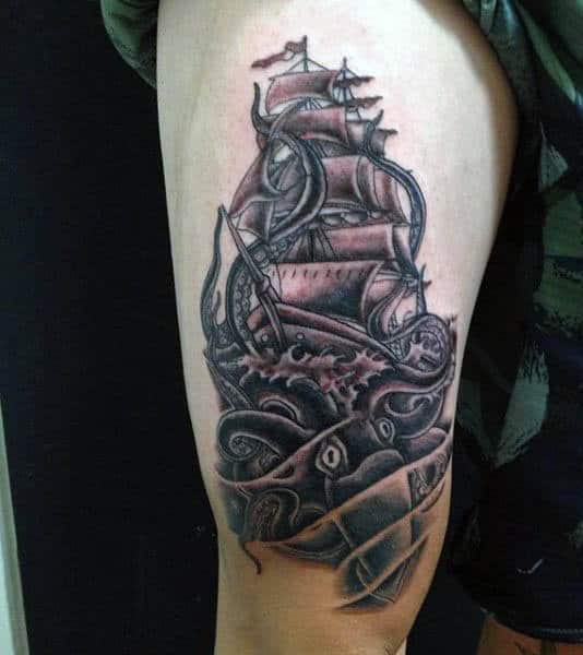 Squid And Boat Scene On Leg Thigh Of Man