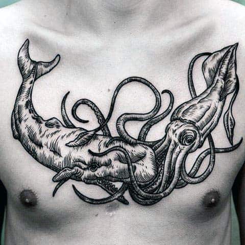 Squid And Whale Woodcut Mens Chest Tattoos