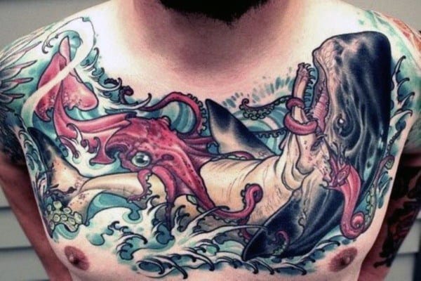 Squid Attacking Whale Mensupper Chest Tattoos