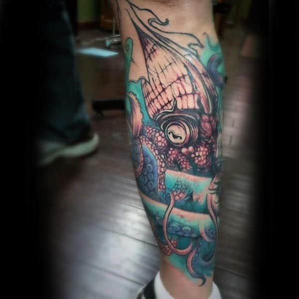 Squid In Ocean Watercolor Shin Guys Tattoos