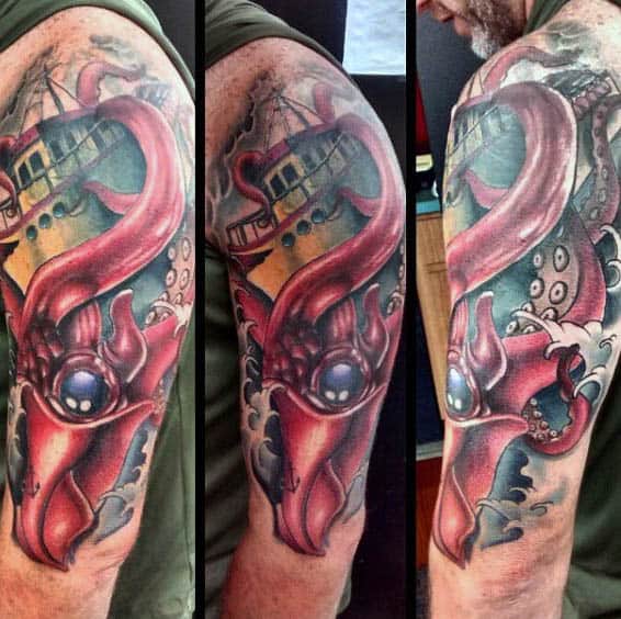 Squid Tentacles Dragging Vessel Into Ocean Tattoo For Men Upper Arm Design