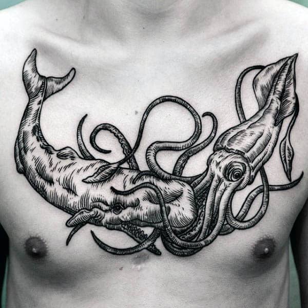 Squid Vs Whale Mens Chest Tattoo In Black Ink