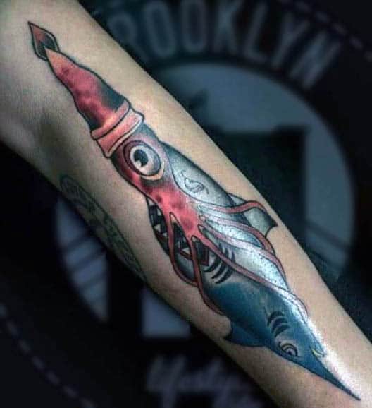 Squid With Tentacles Wrapped Around Shark Mens Tattoo On Forearm
