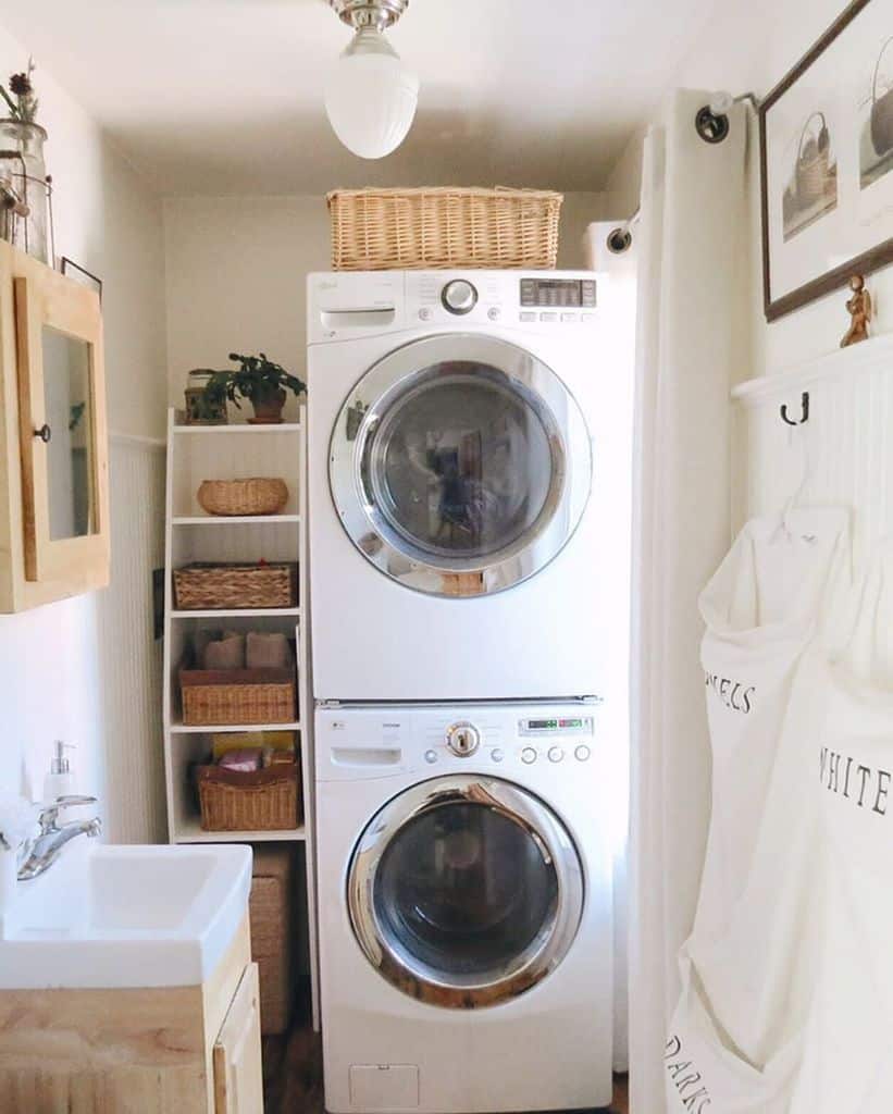 farmhouse laundry room with stacked washer and dryer