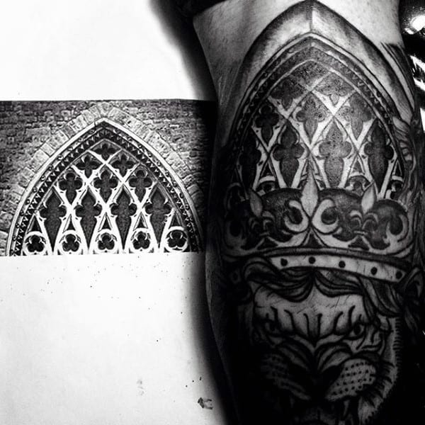 Stained Glass Church Windows Black Ink Shaded Male Arm Tattoo Design Ideas