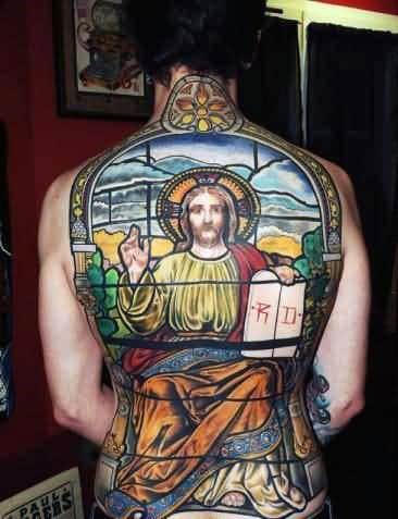 Stained Glass Full Back Male Tattoo Of Jesus Christ