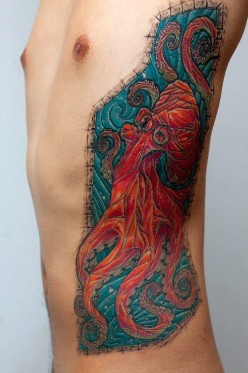 Stained Glass Octopus Mens Rib Cage Side Tattoo