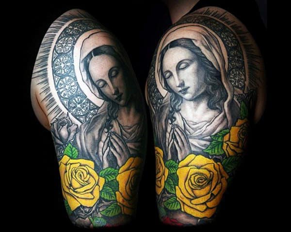 Stained Glass Tattoo Of Mother Mary And Bright Yellow Roses Mens Half Sleeve