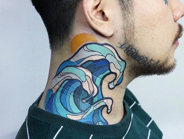 Japanese-inspired neck tattoo featuring stylized ocean waves in blue and white with a setting sun, reminiscent of *The Great Wave off Kanagawa*.