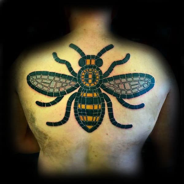 Stained Glass Window Bee Mens Upper Back Tattoo