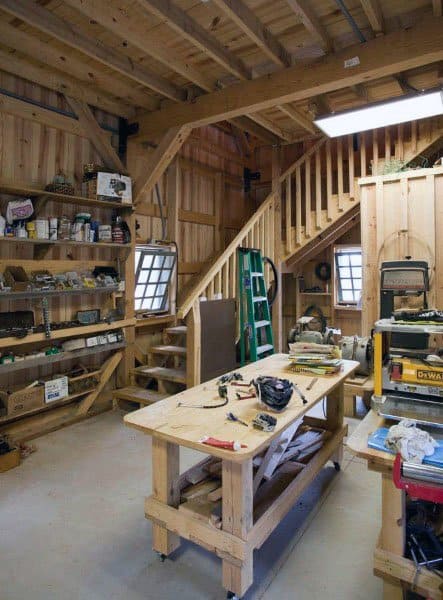 wood garage workshop wood workbench stairs