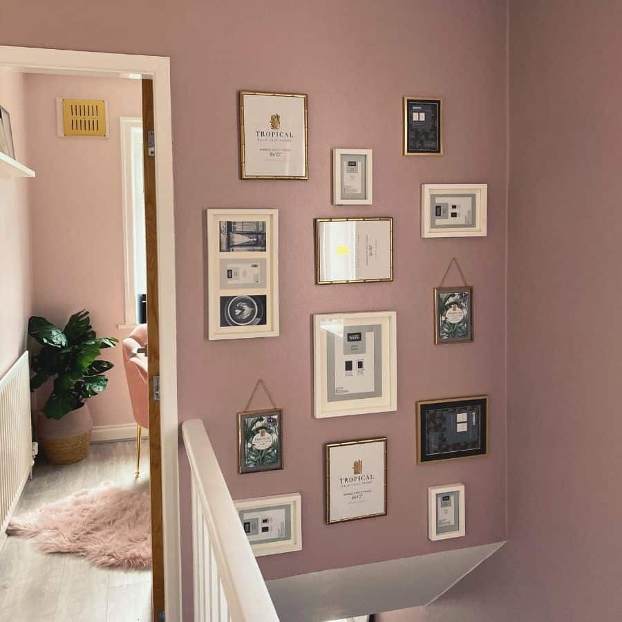 pink accent wall with framed photos 