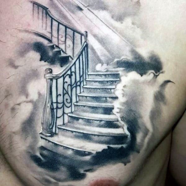 Stairs To Heaven Clouds Mens Shaded Watercolor Chest Tattoo